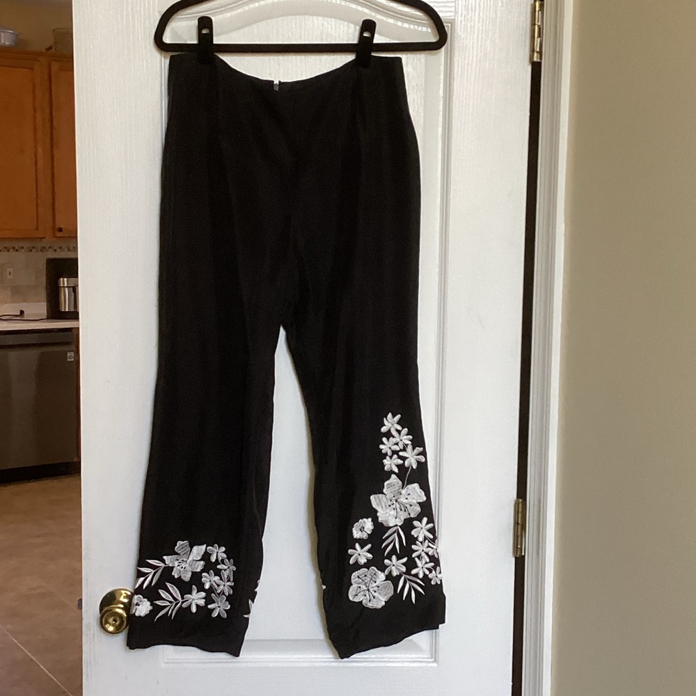 Muse Silk Black Trousers with White Floral Embroidery